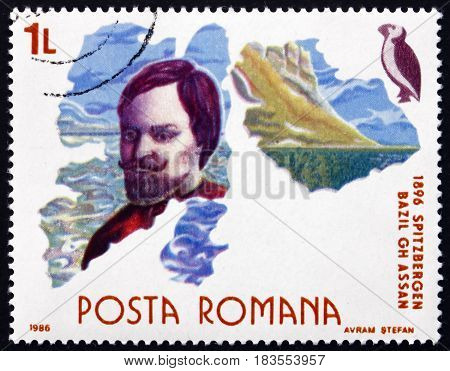 ROMANIA - CIRCA 1986: a stamp printed in Romania shows Bazil G. Assan Romanian Engineer and Explorer Exploration of Spitzbergen Polar Research circa 1986