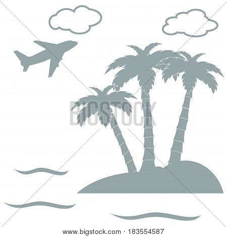 Stylized Icon Palm Trees On An Island In The Ocean And A Flying Plane