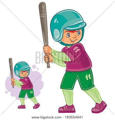 Vector illustration of little child playing baseball. Batter is ready to hit the ball. Print