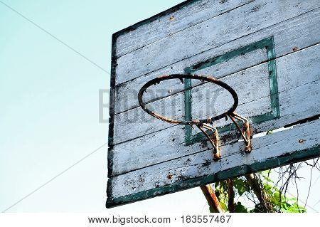 Closeup of old basketball hoop with vines and blue sky background.