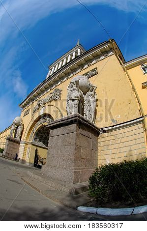 Saint-Petersburg, Russia - May 14, 2006: Statues of nymphs carrying the globe on the facade of the Main Admiralty