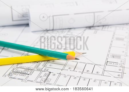 Architectural plan. Engineering house drawings pancil and blueprints.