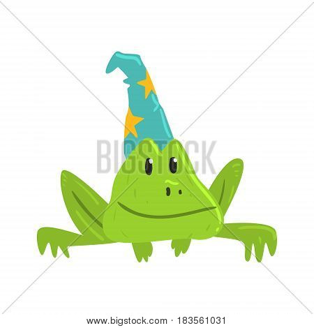 Cute cartoon frog in blue carnival hat with yellow strars. Colorful character vector Illustration isolated on a white background