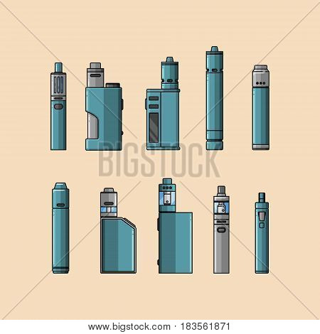 Set of cartoon-style vaping device on skin-tone colored background. EPS10