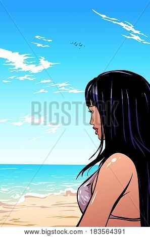 The girl on the beach. Color vector illustration.