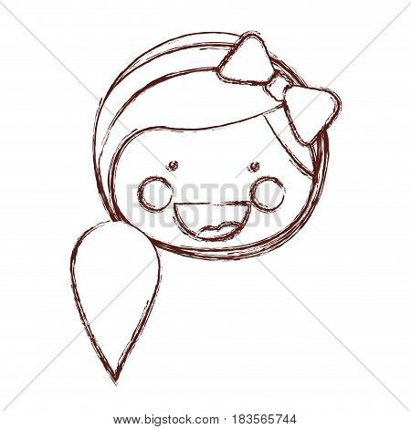 blurred contour smile expression cartoon front face woman with side ponytail hair and bow lace vector illustration