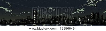 Night city skyline. Color vector illustration. Color