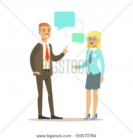 Two colleagues discussing at meeting. Positive working in the office. Colorful cartoon character vector Illustration