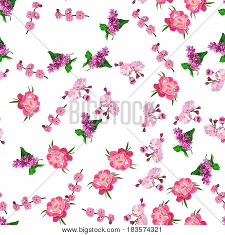 Very high quality original trendy vector seamless pattern with blooming lilac and peony flower. Spring or summer design