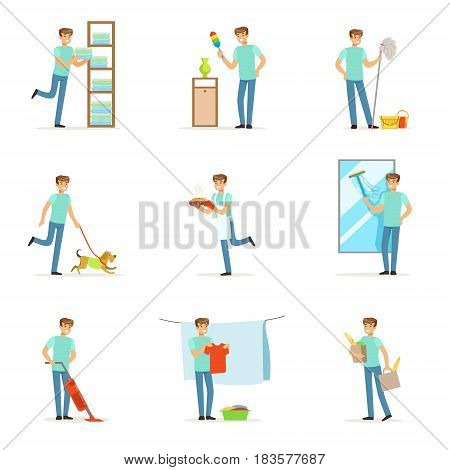 Smiling househusbands washing, cooking, cleaning, vacuum cleaning and shopping. Set of colorful cartoon detailed vector Illustrations isolated on white background