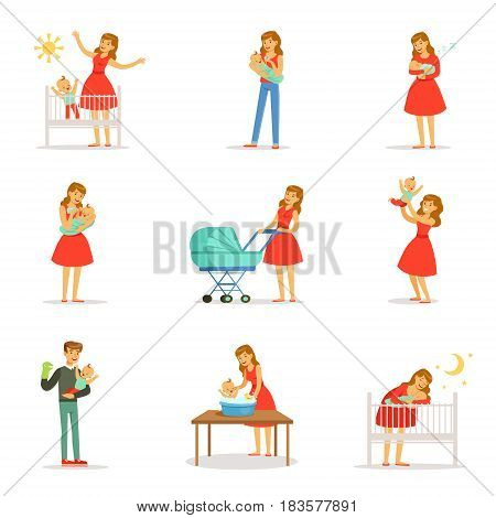 Mom and ad take care of their children set for label design. Happy cheerful family. Colorful cartoon characters isolated on white background