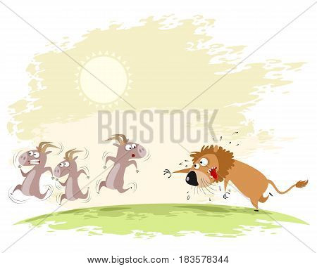 Vector illustration of a lion catches goats