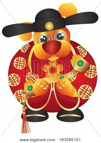 2018 Happy Chinese Lunar New Year of the Dog Prosperity Money God with Ruyi Scepter and Prosperity text on Tag vector Illustration Isolated on White Background