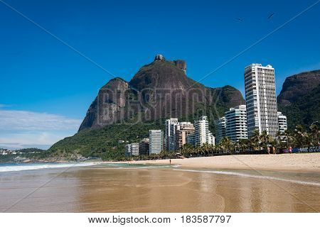 Beautiful Sao Conrado Beach View With Mountain Landscape and Luxury Apartment Buildings, Rio de Janeiro, Brazil