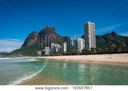 Beautiful Sao Conrado Beach View With Mountain Landscape and Luxury Apartment Buildings, Rio de Janeiro, Brazil