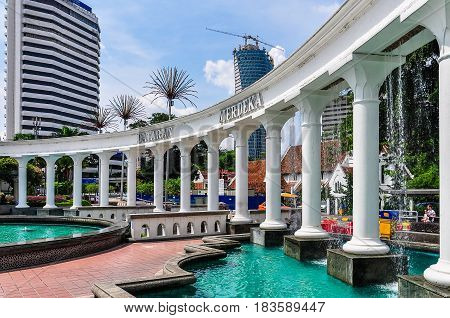 KUALA LUMPUR, MALAYSIA - OCTOBER 26, 2012: Merdaka Square Fountain in the cosmopolitan city of Kuala Lumpur Malaysia