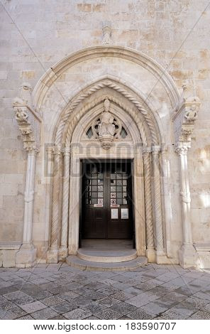 KORCULA, CROATIA - NOVEMBER 09: Portal of the St Mark s Cathedral in the historic city Korcula at the island Korcula in Croatia on November 09, 2016.