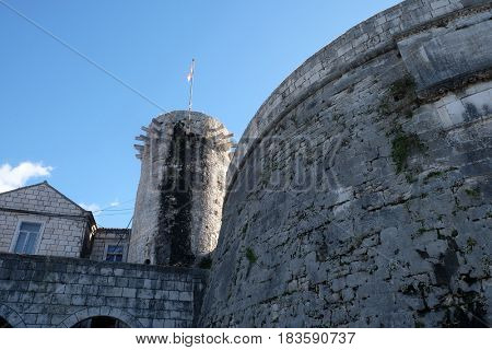 KORCULA, CROATIA - NOVEMBER 09: One of the towers in the ancient city wall of the historic city Korcula at the island Korcula in Croatia on November 09, 2016.