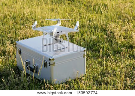 Drone before the flight on metal bag