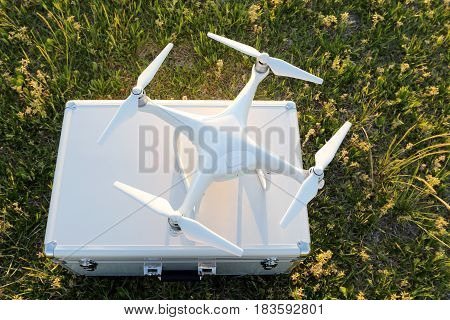 Drone before the flight on a transport metal bag