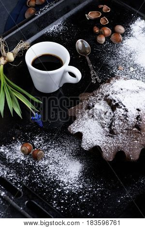 Coffee And Chocolate Cake With Nuts, Breakfast. High Angle View.