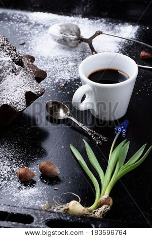 Barista Black Coffee, Morning Espresso With Chocolate Dessert.