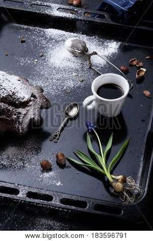Breakfast With Black Coffee And Sweet Pastry, Chocolate Cake On A Baking Tray.