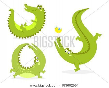 Cartoon green crocodile funny predator and australian wildlife river reptile carnivore alligator scales teeth flat vector illustration. Tropical africa safari zoo character crocodylus.