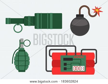 Set of bomb and dynamite explosive violence icons illustration. Bomb military weapon symbol explosive icon. Cartoon atomic danger army destruction fire bomb and rockets.