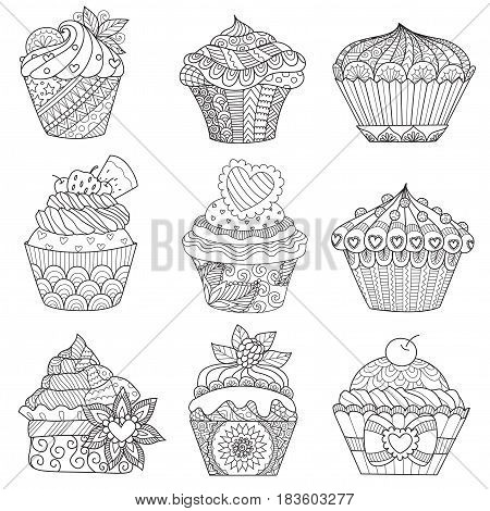 Nine zendoodle cupcakes for design element, adult or kids coloring book page. Vector illustration.