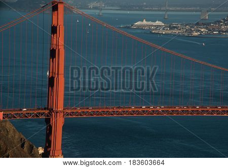 Golden gate and Bay bridge with cruise ship on a clear day