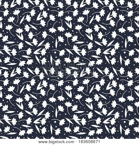 Black and white flower seamless pattern. Simple white flower silhouettes on blue background. Vector illustration.