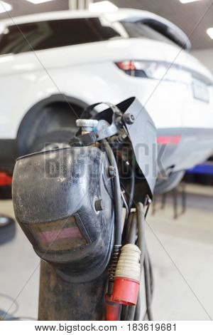 Welding equipment close up in a car repair station