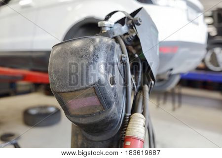Welding equipment close up in a car repair station