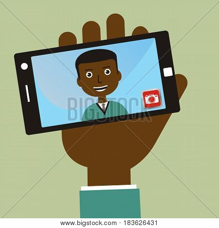 Man Taking Selfie Photo on Smart Phone. Vector illustration