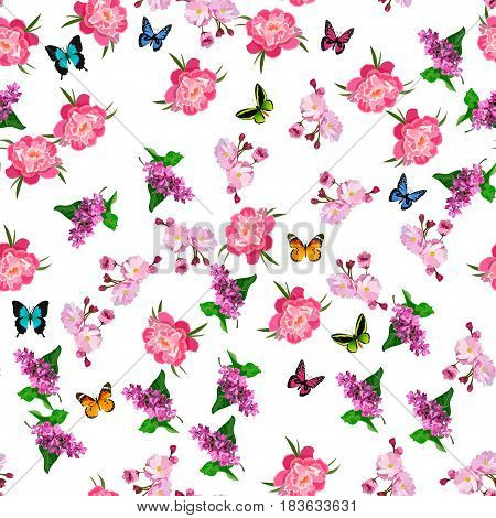 Very high quality original trendy vector seamless pattern with blooming lilac and peony flower. Spring or summer design