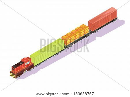 Trains isometric set of freight train with goods and cattle cars on blank background with shadows vector illustration