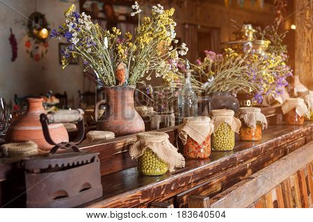 Unique ethnic restaurant interior. Traditional design. Ukrainian rural style and decorations. Europe, Ukraine.
