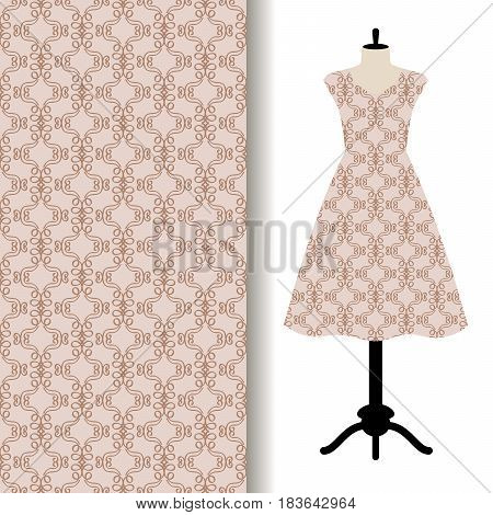 Women dress fabric pattern design on a mannequin with grey geometric pattern. Vector illustration