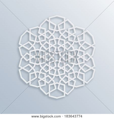 Islamic geometric pattern. Sacred geometry. Vector muslim mosaic persian motif. Elegant white oriental ornament traditional arabic art. Mosque decoration element. 3D illustration for greeting cards