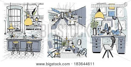 Modern room interiors in loft style, Set of hand drawn colorful illustration.
