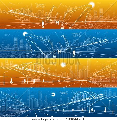 Transportation and industrial panorama set. Cargo ship loading, boats on water, sea harbor. Train move on railway bridge. Airplane fly. People walking. Infrastructure illustration. Vector design art