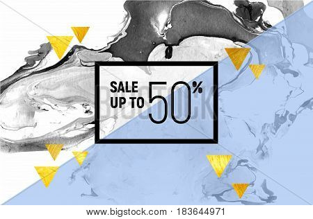 Sale Poster. Black and White Marble Baclground. Blue Stripe, Gold Foil Circles. Vector Illustration.