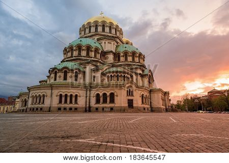 Alexander Nevsky Cathedral in Sofia Bulgaria at sunset