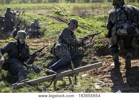Rosowek Poland april 23 2017: Historical reconstruction battle for Stettin in 1945 Red army against Wehrmacht in Rosowek.