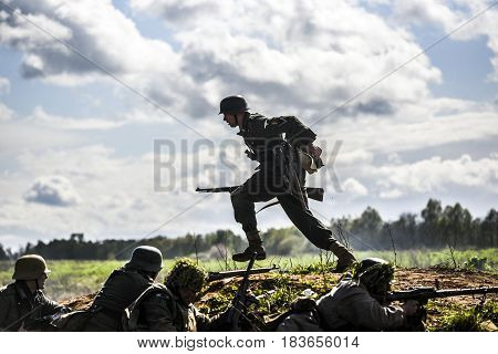 Rosowek Poland april 23 2017: Historical reconstruction battle for Stettin in 1945 Red army against Wehrmacht in Rosowek.