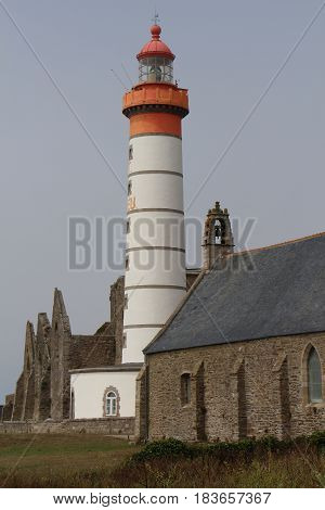 White lighthouse of Pointe Saint Mathieu in Brittany