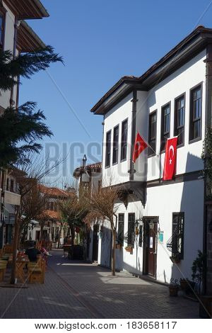 ANKARA, TURKEY - APRIL 02, 2017: The Ottoman style street in Hamamonu District during spring. Recently renovated Hamamonu is the new tourist magnet in Ankara