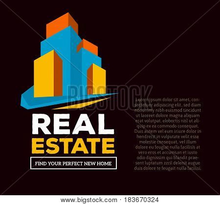 Vector creative template with illustration of three dimensional abstract colorful skyscraper and words real estate with text on dark background. Real estate business concept. 3d fun style design of logo real estate for agency web page, site, banner, prese