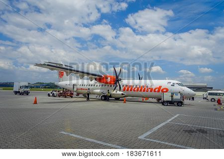 George Town, Malaysia - March 10, 2017: Malindo airplane in Penang Airport, subsidiary to the second largest low-cost airline in Southeast Asia, Lion Air